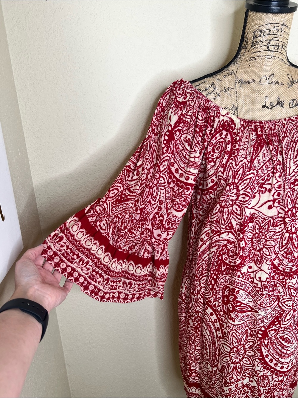 NTM: Umgee Red White Paisley Boho Shift Dress Bell Sleeve Knee Length Medium - Picture 8 of 15